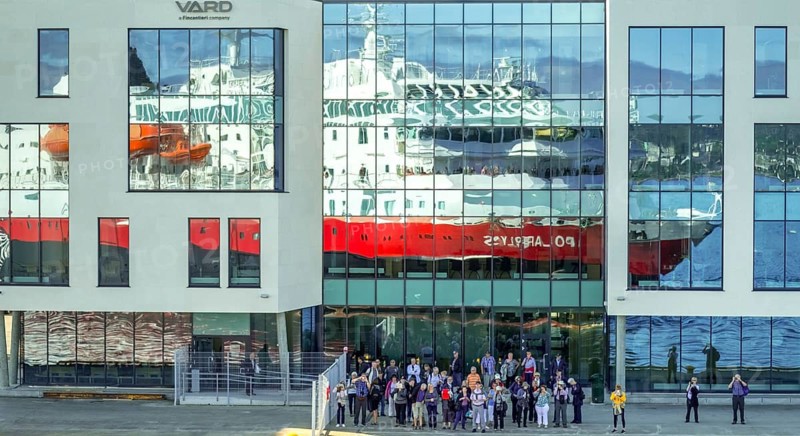Cruise ship MS Polarlys, reflection, tourists at the quay, Ã...lesund, Møre og Romsdal, Norway, Scandinavia, Europe, adventure trip, excursion, excursion ship, tourism, harbour, Hurtigruten, Hurtigruten trip, cruise, cruise ship, Møre og Romsdal, NOR, journey, destination, ship, shipping, sea voyage, sightseeing, tourism, Norwegian, Scandinavian, touristic, Ålesund