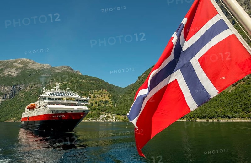 Ship MS Polarlys, Norwegian flag, Geiranger, Møre og Romsdal, Norway, Scandinavia, Europe, adventure trip, flags, tourism, Hurtigruten, Hurtigruten trip, cruise, cruise ship, Møre og Romsdal, NOR, national flag, trip, destination, ship, shipping, sea trip, sightseeing, tourism, Norwegian, Scandinavian, touristic