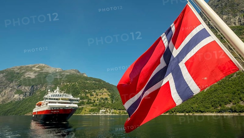 Ship MS Polarlys, Norwegian flag, Geiranger, Møre og Romsdal, Norway, Scandinavia, Europe, adventure trip, flags, tourism, Hurtigruten, Hurtigruten trip, cruise, cruise ship, Møre og Romsdal, NOR, national flag, trip, destination, ship, shipping, sea trip, sightseeing, tourism, Norwegian, Scandinavian, touristic