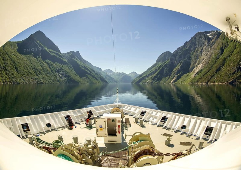 Panoramic view, bow, Storfjord, tranda, Møre og Romsdal, Norway, Scandinavia, Europe, adventure trip, view, mountains, mountainside, Eidsdal, fjord, tourism, mountain, mountain range, mountain landscape, mountain range, Hurtigruten, Hurtigruten voyage, cruise, Møre og Romsdal, NOR, panoramic view, panoramic photo, journey, destination, ship's bow, sea voyage, sightseeing, Stranda, tourism, blue sea, Norwegian, Scandinavian, touristic