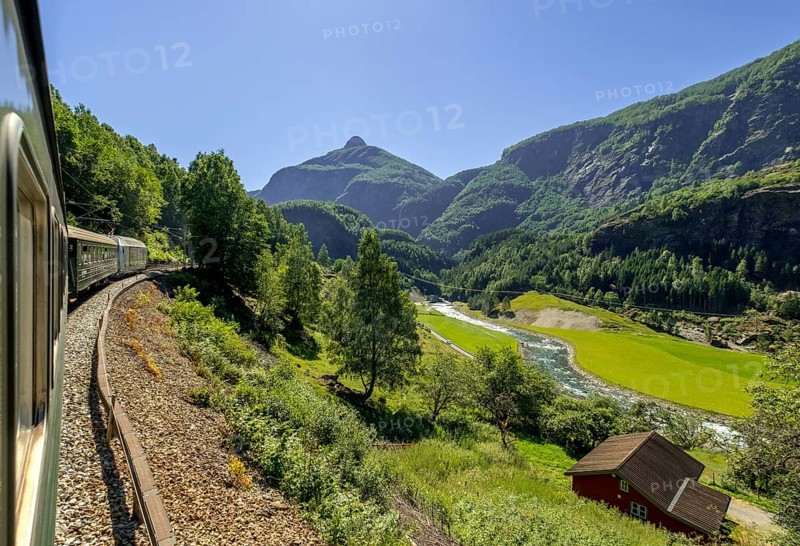 Travelling on the Flam Railway, iron railway journey, view from the Flåmsbana, Ryavegen, mountains, forests, meadows, blue sky, Flåm, Sogn og Fjordane, Norway, Scandinavia, Europe, Flåm, NOR, travel, tourism, destination, sightseeing, sea voyage, Hurtigruten, Hurtigruten trip, tourism, Norwegian, Scandinavian, tourist, cruise, adventure trip, trees, tree, forest, forestry, forestry, hill, gravel, wooden house, valley, road