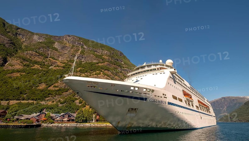 Excursion ship COLUMBUS, fjord, Nærøyfjorden, harbour, Stasjonsvegen, Varhaug, mountains, forests, wooden houses, blue sky, Flåm, Gudvangen, Sogn og Fjordane, Norway, Scandinavia, Europe, Flåm, NOR, travel, tourism, destination, sightseeing, sea voyage, Hurtigruten, Hurtigruten trip, tourism, Norwegian, Scandinavian, tourist, cruise, adventure trip, pier, hills, cliffs, station