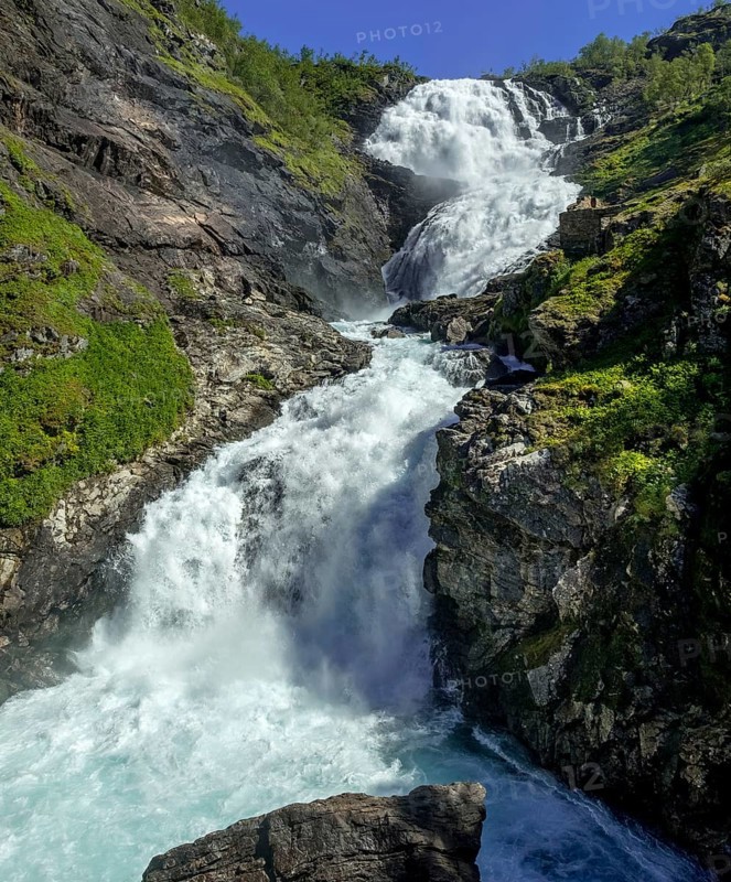 Kjosfossen waterfall, waterfall near Fureberget, rock faces, trees, sky, Flåm, Sogn og Fjordane, Norway, Scandinavia, Europe, Flåm, NOR, travel, tourism, destination, sightseeing, sea voyage, Hurtigruten, Hurtigruten trip, tourism, Norwegian, Scandinavian, tourist, cruise, adventure trip, waterfall, mountains, Flam Railway, Flamsbana, train journey, tour, travelling on the Flam Railway, Flam Railway