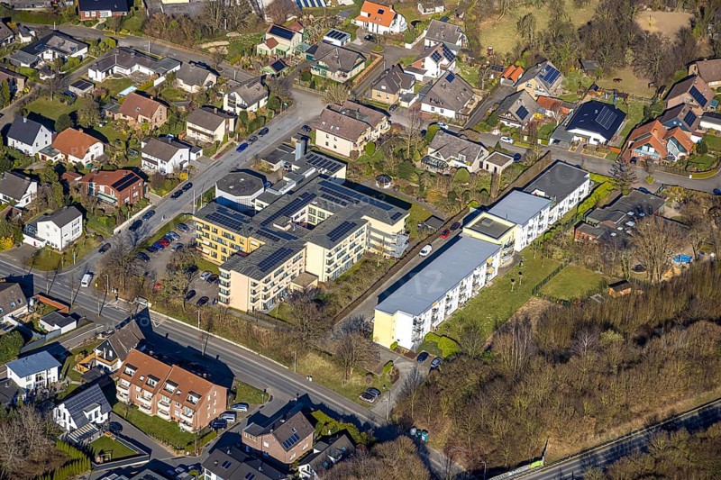 Aerial view, St. Michael Senior Citizens' Centre, Haus Hohe Fahrt St. Gabriel, right St. Michael Kindergarten, Werl, Soester Börde, North Rhine-Westphalia, Germany, retirement home, nursing home, care and nursing, DE, Europe, kindergarten, day care centre, day nursery, day nursery, aerial photograph, aerial photography, aerial photography, care facility, retirement home, retirement residence, retirement home, senior citizens' centre, overview, bird's eye view, birds-eyes view, overview