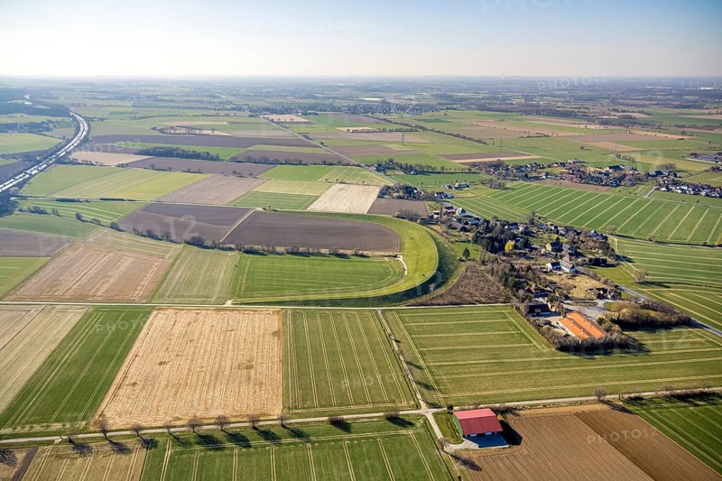Aerial view, flood retention basin Bruchbachtal-Büderich, meadows and fields, Westbüderich, Werl, Soester Börde, North Rhine-Westphalia, Germany, DE, Europe, aerial view, aerial photography, aerial photography, overview, bird's-eye view, overview