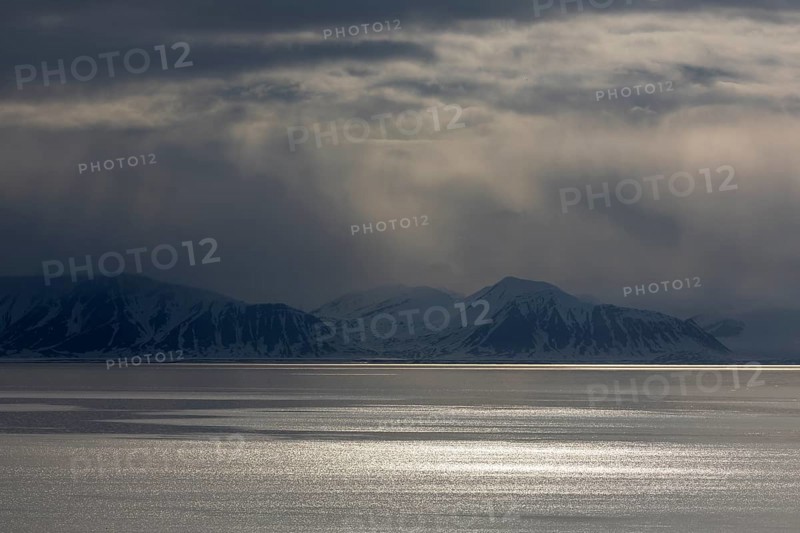 Clouds, sunspot, sea, mountains, Longyearbyen, Spitsbergen, Svalbard