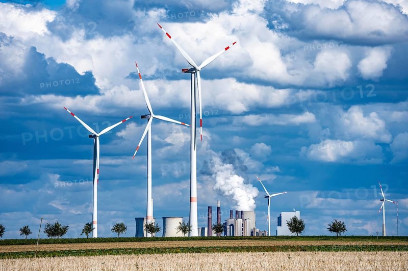 RWE's Neurath lignite-fired power station, wind farm, Rhenish lignite mining region of North Rhine-Westphalia, Germany
