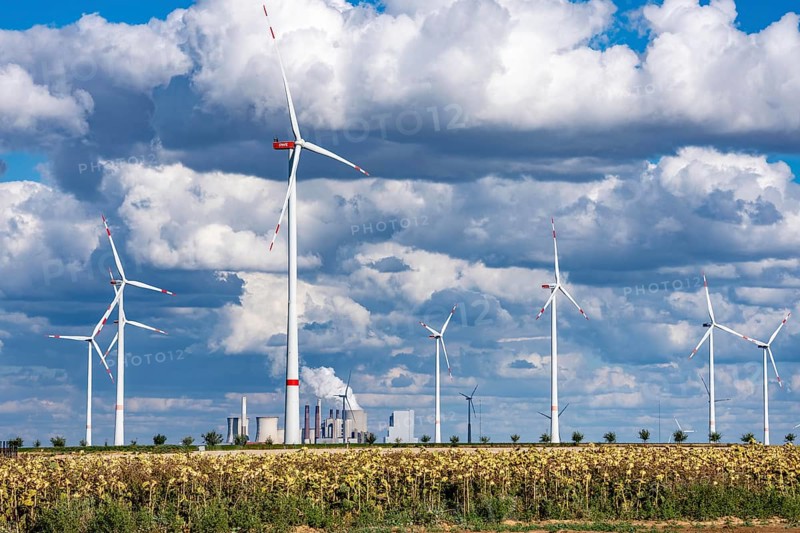 RWE's Neurath lignite-fired power station, wind farm, Rhenish lignite mining region of North Rhine-Westphalia, Germany