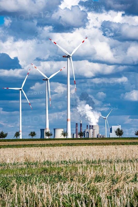 RWE's Neurath lignite-fired power station, wind farm, Rhenish lignite mining region of North Rhine-Westphalia, Germany