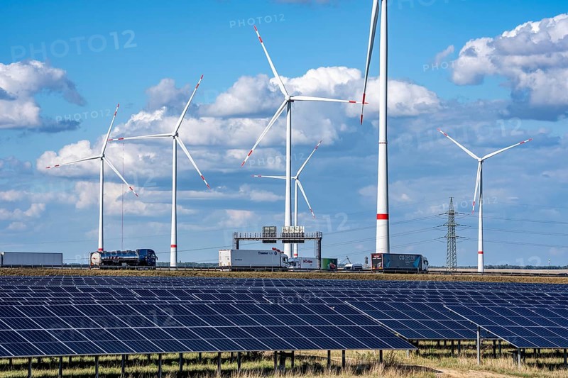 86, 5 MW peak ground-mounted photovoltaic systems, from RWE, with over 141, 000 solar modules, on a verge, over 1 km long, along the A44 motorway near Bedburg, at the Jackerath junction, recultivated open-cast mining site, wind farm north of Titz, North Rhine-Westphalia, Germany