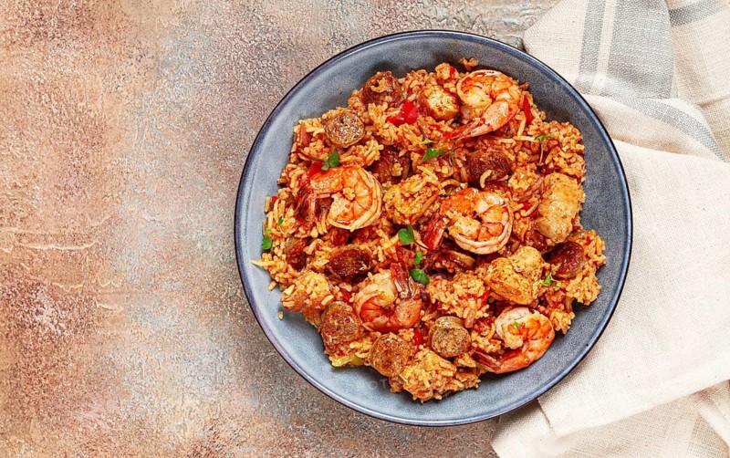 Jambalaya, Creole dish, American pilaf, rice with chicken and shrimp, vegetables, homemade, no people