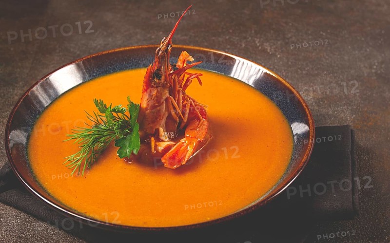 Shrimp cream soup, bisque soup, French cuisine, homemade, no people