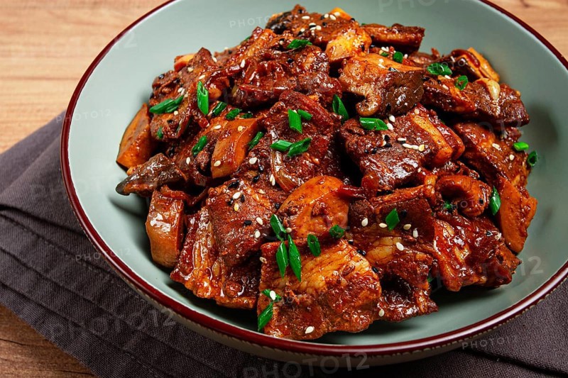 Bulgogi, with mushrooms, with sesame seeds and green onions, Korean cuisine, homemade, no people