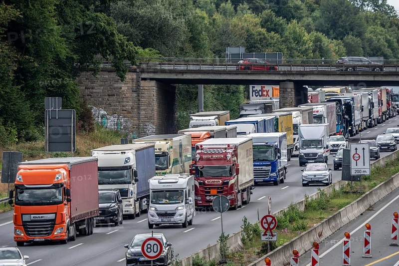 Traffic jam on the A1 motorway, between the Dortmund-Unna junction, A1 A44, and the Kamener Kreuz junction, A1 A2, lorries jammed in the left lane, looking south, North Rhine-Westphalia, Germany