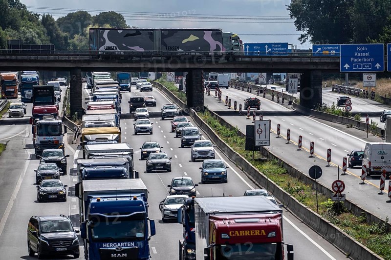 Traffic jam on the A1 motorway, between the Dortmund-Unna junction, A1 A44, and the Kamener Kreuz junction, A1 A2, lorries jammed in the left lane, looking south, North Rhine-Westphalia, Germany