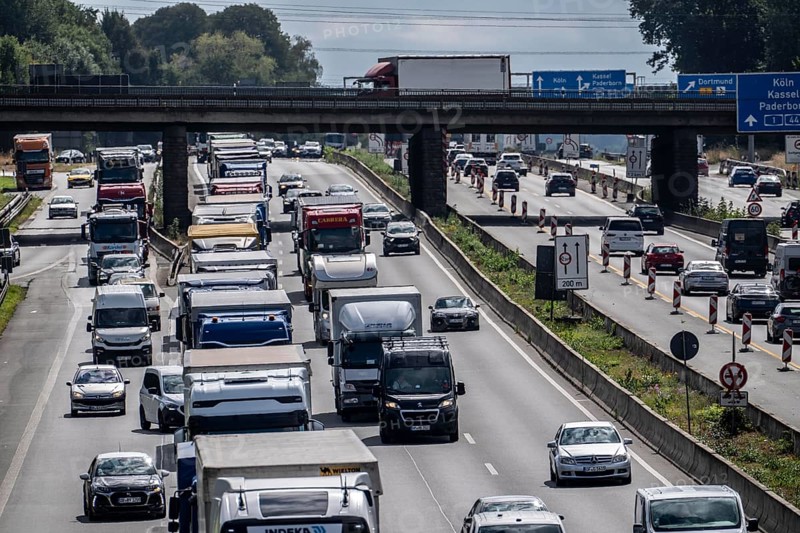 Traffic jam on the A1 motorway, between the Dortmund-Unna junction, A1 A44, and the Kamener Kreuz junction, A1 A2, lorries jammed in the left lane, looking south, North Rhine-Westphalia, Germany