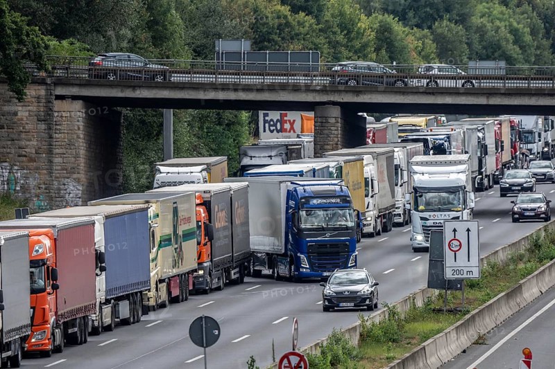 Traffic jam on the A1 motorway, between the Dortmund-Unna junction, A1 A44, and the Kamener Kreuz junction, A1 A2, lorries jammed in the left lane, looking south, North Rhine-Westphalia, Germany