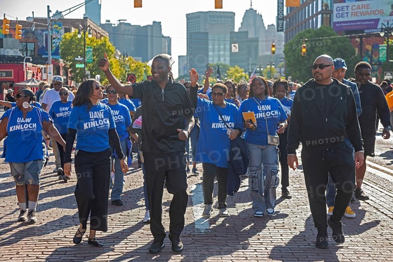 Detroit, Michigan USA - 1 September 2025 - Solomon Kinloch marches with auto workers in Detroit's Labor Day parade. The United Auto Workers union has endorsed Kinloch, who is running for mayor of Detroit