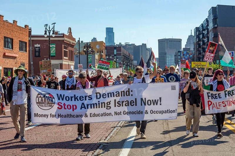 Detroit, Michigan USA - 1 September 2025 - A large group protesting Israel's war in Gaza marched in Detroit's Labor Day parade