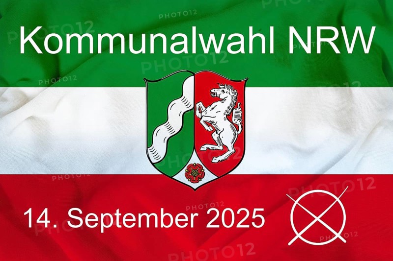 Graphic with the flag of North Rhine-Westphalia with text KOMMUNALWAHL North Rhine-Westphalia 14 SEPTEMBER 2025