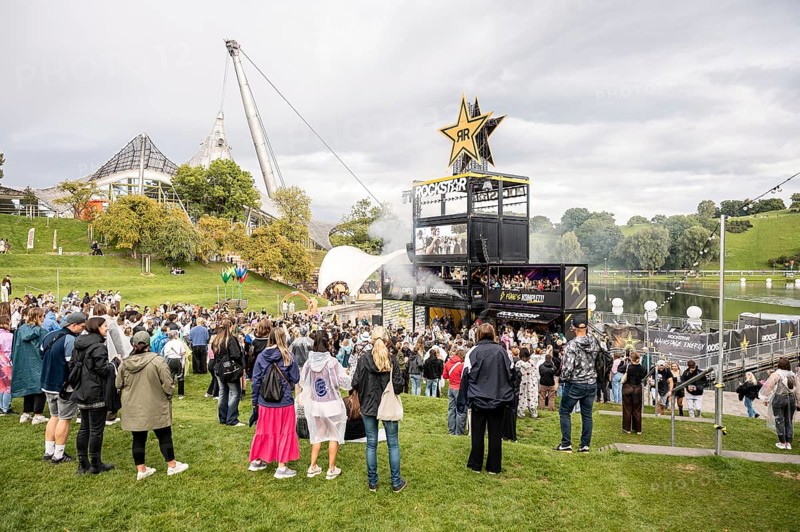 Festival visitors celebrate on the Rockstar Energy Tower at the Superbloom Festival, Day 1 in the Olympic Park, Munich, 30/08/2025