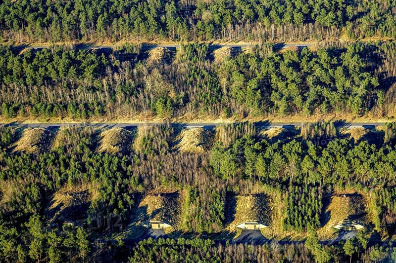 Aerial photo, Keller Pyro, storage facility for rent in Olfen, forest area Hullerner Straße, Olfen-Kirchspiel, Olfen, Münsterland, North Rhine-Westphalia, Germany, DE, Europe, aerial photo, aerial photography, aerial photography, Pyroland, overview, bird's-eye view, forest area, birds-eyes view, overview