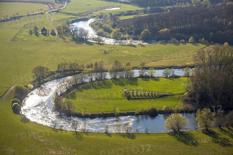 Aerial view, river Lippe meander, Lippe loop, river development and floodplain development of the Lippe Vogelsang, renaturation, city limits Olfen-Datteln, nature reserve Lippe floodplain, Olfen-Kirchspiel, Olfen, Münsterland, North Rhine-Westphalia, Germany, DE, Europe, river, river meander, Lippe floodplain, Lippe floodplain loop, aerial photograph, aerial photography, aerial photography, overview, bird's-eye view, bird's-eye view, overview