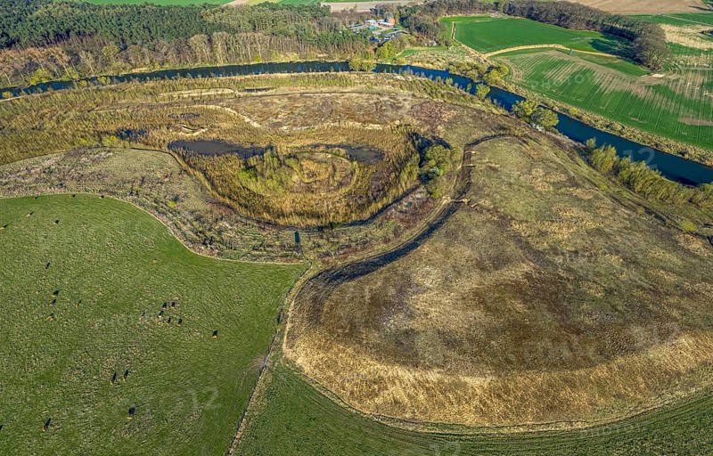 Aerial view, Lippe floodplain nature reserve, river Lippe, river development and floodplain development of the Lippe Vogelsang, renaturation, city limits Olfen-Datteln, Olfen-Kirchspiel, Olfen, Münsterland, North Rhine-Westphalia, Germany, DE, Europe, river, river meander, Lippe floodplain, Lippe floodplain loop, aerial view, aerial photography, aerial photography, overview, bird's-eye view, overview