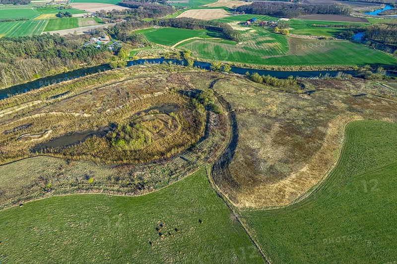 Aerial view, Lippe floodplain nature reserve, river Lippe, river development and floodplain development of the Lippe Vogelsang, renaturation, city limits Olfen-Datteln, Olfen-Kirchspiel, Olfen, Münsterland, North Rhine-Westphalia, Germany, DE, Europe, river, river meander, Lippe floodplain, Lippe floodplain loop, aerial view, aerial photography, aerial photography, overview, bird's-eye view, overview