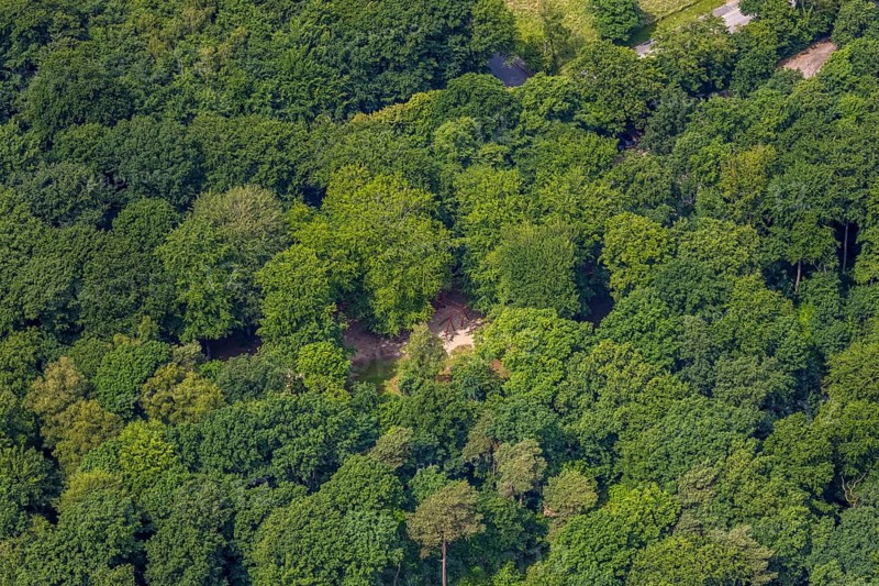 Aerial view, Hiesfelder Wald with playground at Franzosenstraße, Walsumer Mark, Oberhausen, Ruhr area, North Rhine-Westphalia, Germany, DE, Europe, aerial view, aerial photography, aerial photography, playground, overview, bird's-eye view, forest, forest area, birds-eyes view, overview, OberhausenNord