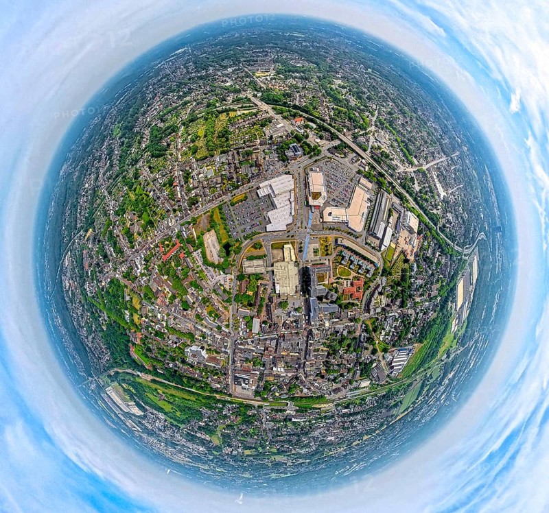 Aerial view, district Sterkrade, Bahnhofstraße shopping centre Sterkrader Tor with car park, technical town hall, bridge of the A516 Teutoburger Straße, globe, fisheye image, fisheye image, 360 degree image, tiny world, little planet, fisheye image, Sterkrade Mitte, Oberhausen, Ruhr area, North Rhine-Westphalia, Germany, DE, Europe, fisheye lens, fisheye lens, aerial view, aerial photography, aerial photography, super wide angle lens, overview, bird's eye view, birds-eyes view, fisheye lens, insta360 camera, overview