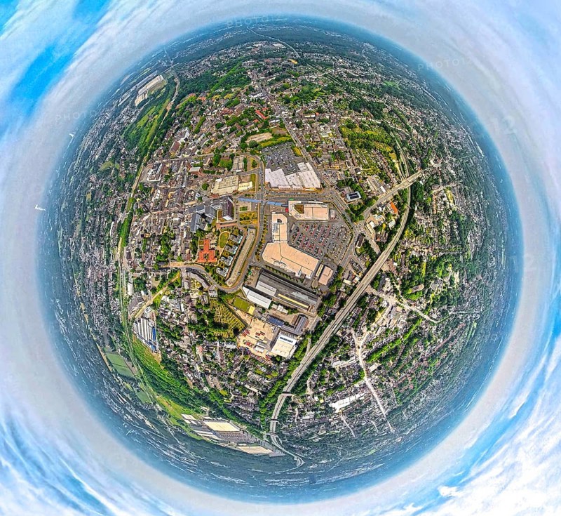 Aerial view, district Sterkrade, Bahnhofstraße shopping centre Sterkrader Tor with car park, technical town hall, bridge of the A516 Teutoburger Straße, globe, fisheye image, fisheye image, 360 degree image, tiny world, little planet, fisheye image, Sterkrade Mitte, Oberhausen, Ruhr area, North Rhine-Westphalia, Germany, DE, Europe, fisheye lens, fisheye lens, aerial view, aerial photography, aerial photography, super wide angle lens, overview, bird's eye view, birds-eyes view, fisheye lens, insta360 camera, overview