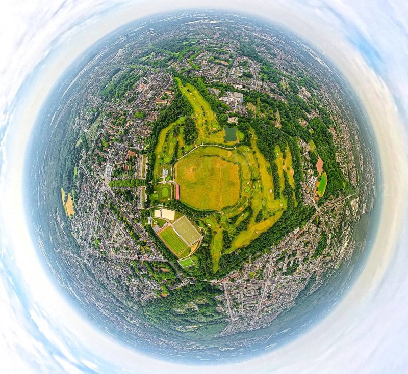Aerial photo, POTTGOLF Oberhausen golf course and golf meadow, sports facility football pitch Jakobi, globe, fisheye image, fisheye image, 360 degree image, tiny world, little planet, fisheye image, Klosterhardt, Oberhausen, Ruhr area, North Rhine-Westphalia, Germany, DE, Europe, fisheye lens, fisheye lens, golf, golf course, golf club, golf course, golf meadow, aerial photography, aerial photography, aerial photography, sports, super wide angle lens, overview, bird's eye view, birds-eyes view, fisheye lens, insta360 camera, overview