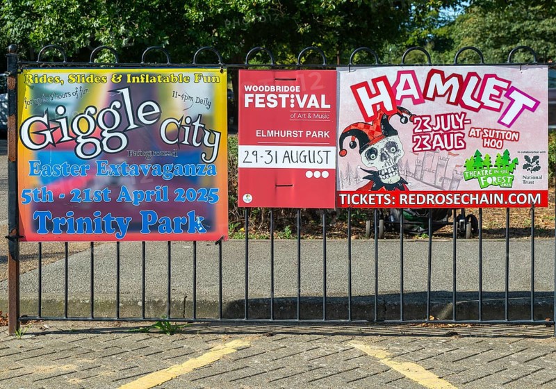 Advertising posters for art and community events, Woodbridge, Suffolk, England, UK