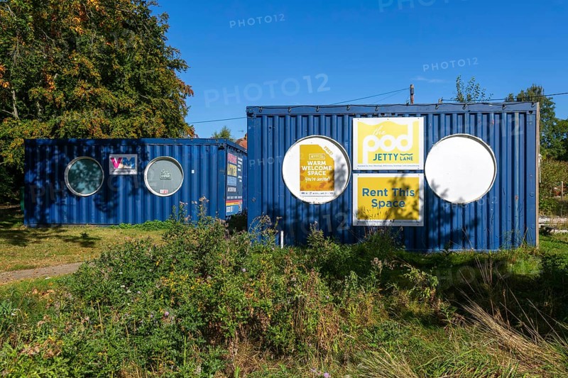 The Pod, warm welcome space, recycled shipping container, Jetty Lane, Woodbridge, Suffolk, England, UK