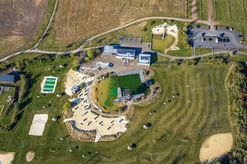 Aerial view, natural swimming pool Olfen outdoor pool and sandy beach and water playground, Olfen-Kirchspiel, Olfen, Münsterland, North Rhine-Westphalia, Germany, DE, Europe, aerial view, aerial photography, aerial photography, playground, overview, bird's eye view, birds-eyes view, overview