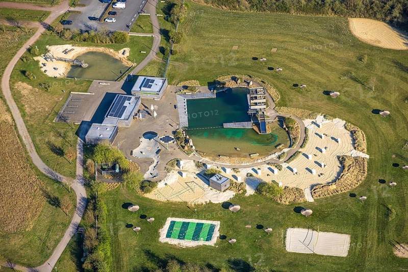 Aerial view, natural swimming pool Olfen outdoor pool and sandy beach and water playground, Olfen-Kirchspiel, Olfen, Münsterland, North Rhine-Westphalia, Germany, DE, Europe, aerial view, aerial photography, aerial photography, playground, overview, bird's eye view, birds-eyes view, overview