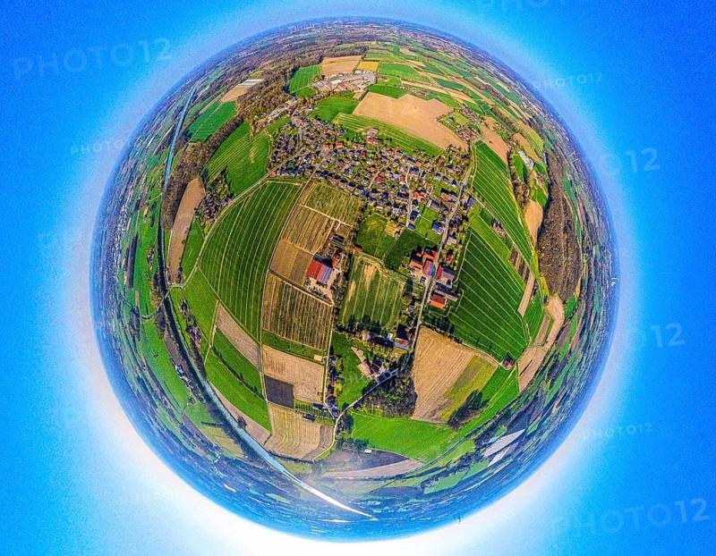 Aerial view, residential area, view of Vinnum district, surrounded by meadows and fields, globe, fisheye image, 360 degree image, tiny world, little planet, fisheye image, Olfen-Kirchspiel, Olfen, Ruhr area, North Rhine-Westphalia, Germany, DE, Europe, fisheye lens, fisheye lens, property tax, real estate, aerial photography, aerial photography, aerial photography, Münsterland, super wide angle lens, overview, bird's eye view, housing estate, housing and living, residential area, quality of living, residential neighbourhood, housing estate, residential area, birds-eyes view, fisheye lens, insta360 camera, overview