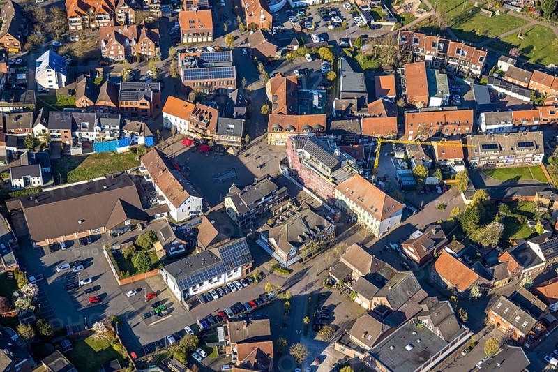 Aerial view, city centre view with town hall and new building site with facade cladding, market place, Olfen city, Olfen, Münsterland, North Rhine-Westphalia, Germany, construction work, construction area, building site, building plots, construction project, building site, authority, DE, Europe, aerial view, aerial photography, aerial photography, overview, bird's-eye view, overview