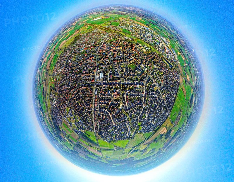 Aerial view, residential area local view, above Alte Fahrt - disused section of the Dortmund-Ems Canal the industrial estate east, earth globe, fisheye image, fisheye image, 360 degree image, tiny world, little planet, fisheye image, Olfen town, Olfen, Ruhr area, North Rhine-Westphalia, Germany, DE, Europe, fisheye lens, fisheye lens, commercial enterprises, commercial area, industrial estate, commercial property, commercial park, commercial location, commercial use, property tax, real estate, industrial area, industrial location, aerial photography, aerial photography, aerial photography, Münsterland, super wide-angle lens, overview, bird's eye view, residential area, residential area, residential quality, residential neighbourhood, residential estate, residential area, birds-eyes view, fisheye lens, insta360 camera, overview
