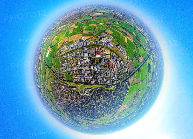 Aerial view, Alte Fahrt - disused section of the Dortmund-Ems Canal and residential area, commercial area east on the B235 federal road, earth globe, fisheye image, fisheye image, 360 degree image, tiny world, little planet, fisheye image, Olfen town, Olfen, Ruhr area, North Rhine-Westphalia, Germany, DE, Europe, fisheye lens, fisheye lens, commercial enterprises, commercial area, commercial area, commercial property, commercial park, commercial location, commercial use, property tax, real estate, industrial area, industrial location, aerial photography, aerial photography, aerial photography, Münsterland, super wide-angle lens, overview, bird's eye view, residential area, residential area, residential quality, residential neighbourhood, residential estate, residential area, birds-eyes view, fisheye lens, insta360 camera, overview