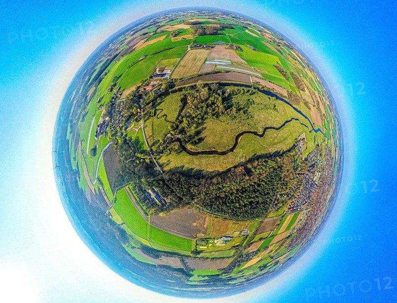 Aerial picture, Steveraue Olfen nature reserve NSG and river Stever meander, earth globe, fisheye picture, 360 degree picture, tiny world, little planet, fisheye picture, Olfen-Kirchspiel, Olfen, Ruhr area, North Rhine-Westphalia, Germany, DE, Europe, fish-eye lens, fisheye lens, aerial view, aerial photography, aerial photography, Münsterland, super wide-angle lens, overview, bird's-eye view, birds-eyes view, fisheye lens, insta360 camera, overview