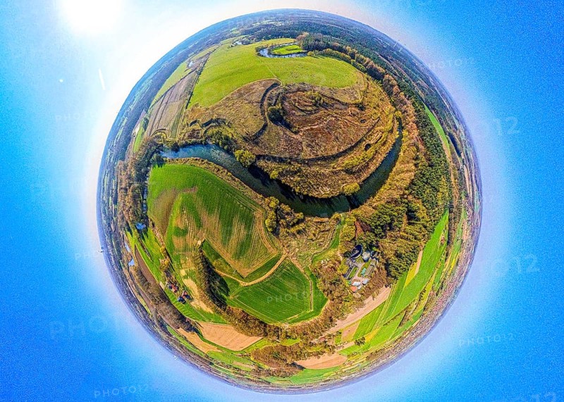 Aerial view, Lippe floodplain and river Lippe meander, meadows and fields, globe, fisheye image, 360 degree image, tiny world, little planet, fisheye image, Olfen-Kirchspiel, Olfen, Ruhr area, North Rhine-Westphalia, Germany, DE, Europe, fish-eye lens, fisheye lens, aerial view, aerial photography, aerial photography, Münsterland, super wide-angle lens, overview, bird's-eye view, birds-eyes view, fisheye lens, insta360 camera, overview