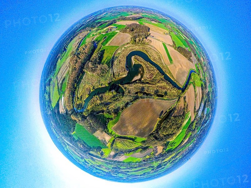 Aerial view, Lippe floodplain and river Lippe meander, meadows and fields, globe, fisheye image, 360 degree image, tiny world, little planet, fisheye image, Olfen-Kirchspiel, Olfen, Ruhr area, North Rhine-Westphalia, Germany, DE, Europe, fish-eye lens, fisheye lens, aerial view, aerial photography, aerial photography, Münsterland, super wide-angle lens, overview, bird's-eye view, birds-eyes view, fisheye lens, insta360 camera, overview