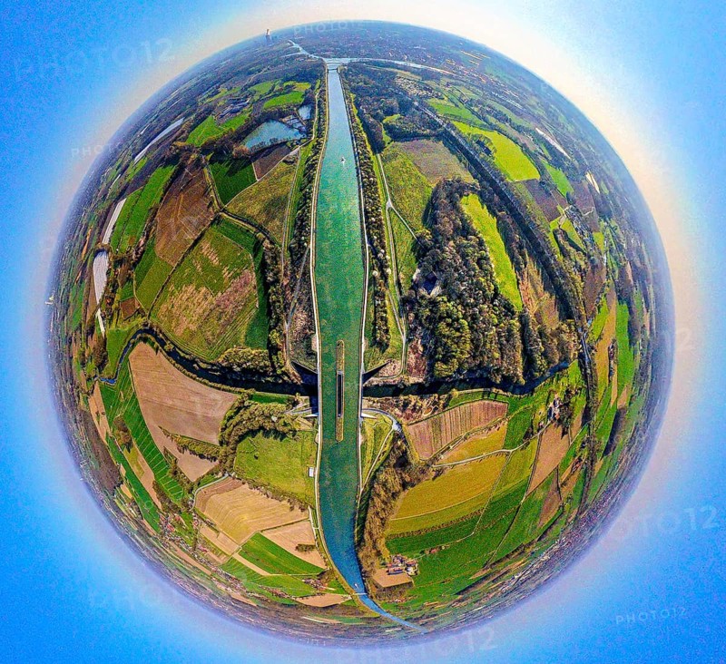Aerial view, canal bridge Lippe Neue Fahrt, Dortmund-Ems-Kanal, NSG Lippeaue, earth globe, fisheye image, 360 degree image, tiny world, little planet, fisheye image, Pelkum, Datteln, Ruhr area, North Rhine-Westphalia, Germany, DE, Europe, fisheye lens, fisheye lens, aerial photography, aerial photography, aerial photography, Münsterland, Olfen, super wide angle lens, overview, bird's eye view, birds-eyes view, fisheye lens, insta360 camera, overview