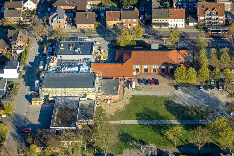 Aerial photo, volunteer fire brigade, indoor swimming pool construction site and town hall, Olfen town, Olfen, Münsterland, North Rhine-Westphalia, Germany, construction work, construction area, building site, building plots, construction project, construction site, fire fighters, fire protection, DE, Europe, events, fire station, fire brigade, indoor swimming pool, culture, art, aerial photography, aerial photography, rescue station, swimming pool, theatre, overview, events, venue, event location, event centre, bird's eye view, birds-eyes view, cultural use, overview