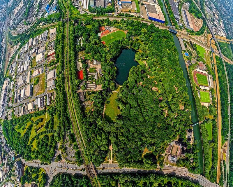 Aerial view, Kaisergarten Park and Zoo, forest with lake, globe, fisheye image, fisheye image, 360 degree image, tiny world, little planet, fisheye image, Marienviertel, Oberhausen, Ruhr area, North Rhine-Westphalia, Germany, DE, Europe, fisheye lens, fisheye lens, aerial view, aerial photography, aerial photography, super wide angle lens, overview, bird's eye view, birds-eyes view, fisheye lens, insta360 camera, overview