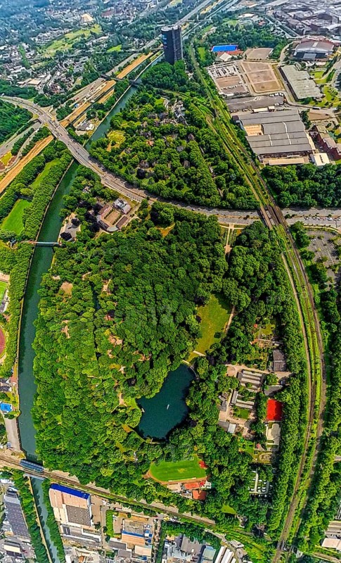 Aerial view, Kaisergarten Park and Zoo, forest with lake, globe, fisheye image, fisheye image, 360 degree image, tiny world, little planet, fisheye image, Marienviertel, Oberhausen, Ruhr area, North Rhine-Westphalia, Germany, DE, Europe, fisheye lens, fisheye lens, aerial view, aerial photography, aerial photography, super wide angle lens, overview, bird's eye view, birds-eyes view, fisheye lens, insta360 camera, overview