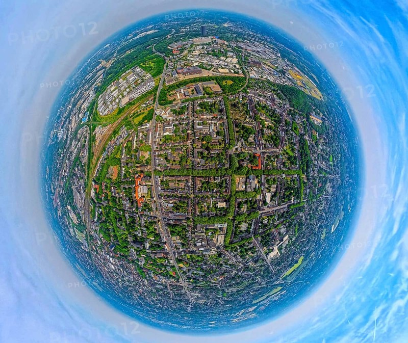Aerial view, Knappenviertel, residential area Knappenstraße with square street layout and residential area, earth globe, fisheye image, fisheye image, 360 degree image, tiny world, little planet, fisheye image, Brücktonviertel, Oberhausen, Ruhr area, North Rhine-Westphalia, Germany, DE, Europe, fisheye lens, fisheye lens, property tax, real estate, aerial photography, aerial photography, aerial photography, super wide angle lens, overview, bird's eye view, housing estate, housing and living, residential area, quality of living, residential neighbourhood, housing estate, residential area, birds-eyes view, fisheye lens, insta360 camera, overview