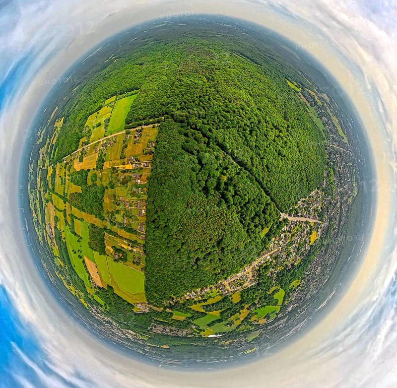 Aerial view, Hiesfeld forest, meadows and fields, globe, fisheye image, fisheye image, 360 degree image, tiny world, little planet, fisheye image, Walsumer Mark, Oberhausen, Ruhr area, North Rhine-Westphalia, Germany, DE, Europe, fisheye lens, fisheye lens, aerial view, aerial photography, aerial photography, super wide angle lens, overview, bird's eye view, birds-eyes view, fisheye lens, insta360 camera, overview
